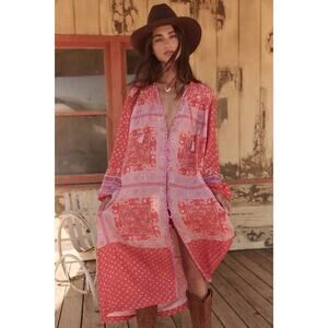 SPELL Sunshine Bandit Button Through Dress Maxi Cayenne Patchwork Tie Belt M NWT